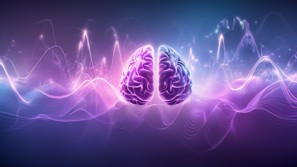 Abstract visualization of brainwaves with frequencies, illustrating brainwave entrainment and mental clarity to boost personal productivity.
