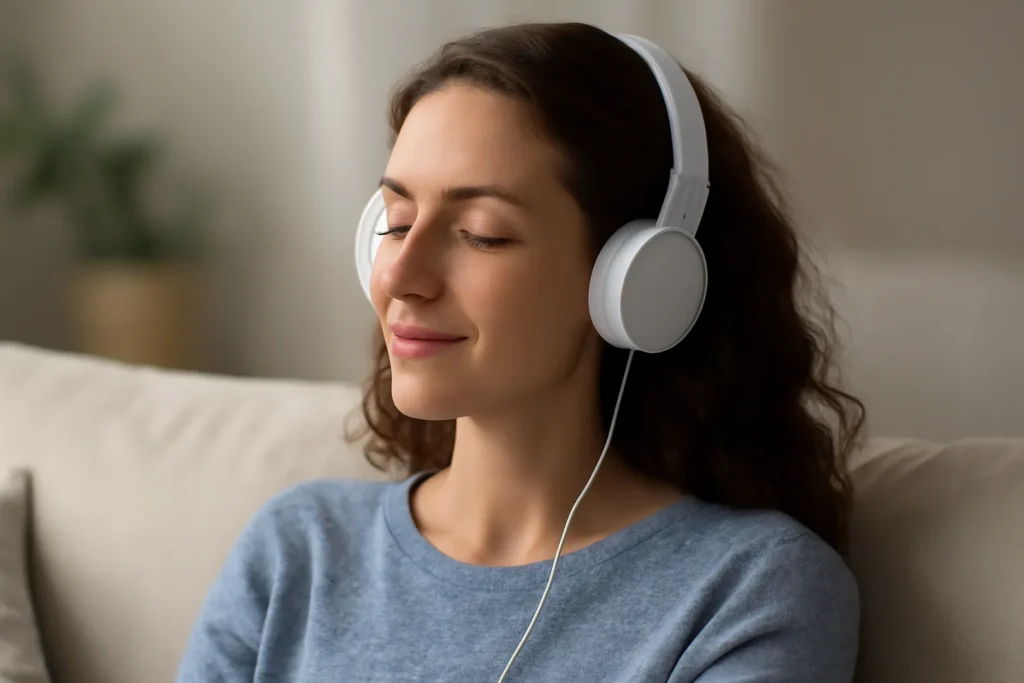 Person relaxing while listening to The Genius Wave audio with headphones in a calm environment, perfect for enhancing focus and creativity.